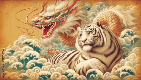 Fototapeta 日本画、浮世絵／龍（ドラゴン）虎（タイガー）　龍虎	