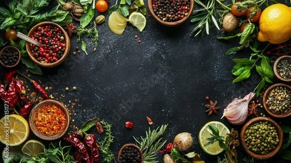 Fototapeta Assorted spices and herbs frame on dark textured background