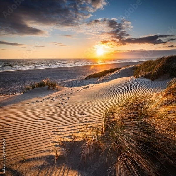 Fototapeta Golden sunset over a dune landscape: fine sand with wind patterns, surrounded by wild beach grass, while the setting sun bathes the sea and sky in warm colors