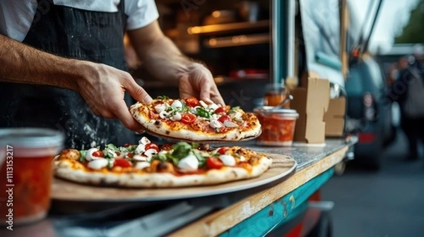 Fototapeta Chefa??s hands serving a mini pizza from a food truck on the street. Creative banner with copy space.