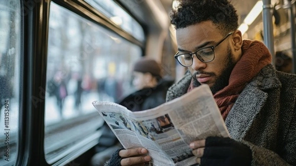 Obraz A young professional reading a newspaper while commuting on a train