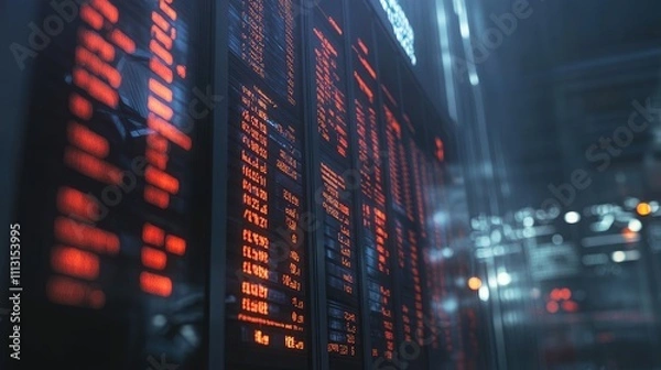 Fototapeta A close-up view of digital screens displaying stock market data and prices.