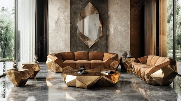 Fototapeta Modern luxury living room featuring a gold and brown sectional sofa, coffee table, and side tables with a unique, geometric design.