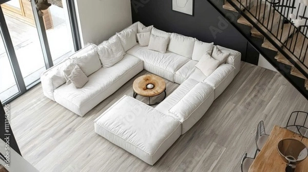Obraz High-angle shot of a recently renovated basement with a large white sectional sofa, gray-toned wood-look flooring, and minimalist decor