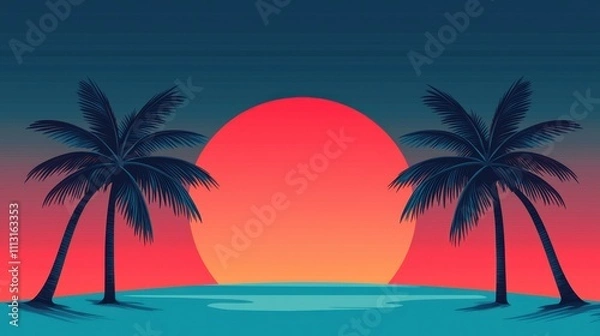 Obraz Sunset Over Tropical Beach with Silhouetted Palm Trees
