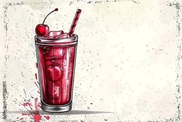 Fototapeta Iced cherry drink in a tall glass with ice cubes and a cherry on top, on a grunge background.