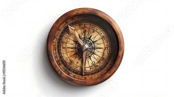 Fototapeta Antique compass with aged wooden casing and metallic needle pointing north, isolated on white background.