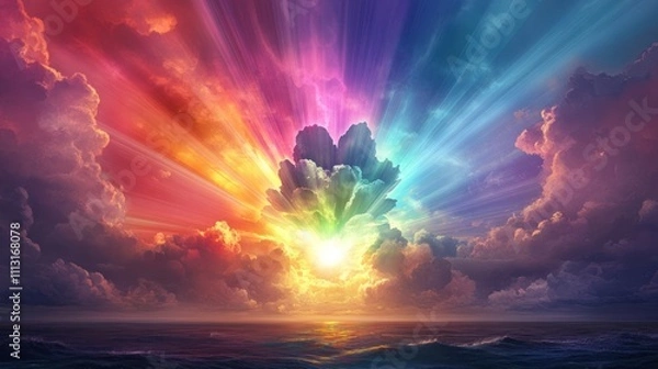 Fototapeta Vibrant sunrise over a vast ocean with colorful clouds radiating light.