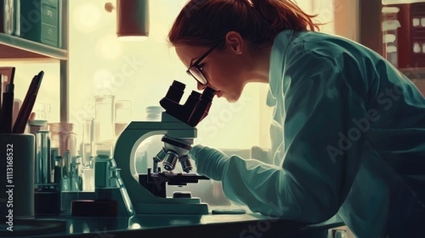 Obraz A scientist examines samples under a microscope in a laboratory setting.