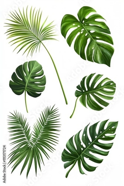 Fototapeta A set of green leaves, including palm leaves, are shown in various sizes and orientations. Concept of nature and tranquility, with the leaves representing the beauty and serenity of the outdoors