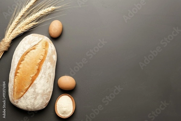 Fototapeta Fresh Artisan Bread with Eggs and Wheat on Rustic Dark Background