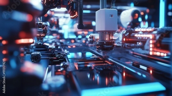Fototapeta Close-up of a futuristic robotic assembly line with vibrant lights.