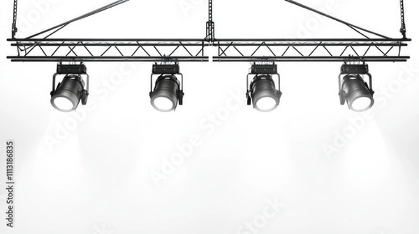 Fototapeta A setup of stage lighting fixtures hanging from a truss, illuminating a blank backdrop.