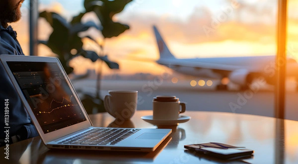Obraz Bleisure travel concept. A person working on a laptop at an airport café during sunset with an airplane in the background.