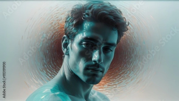 Fototapeta Ethereal portrait of a man with swirling abstract light patterns and teal-orange tones.