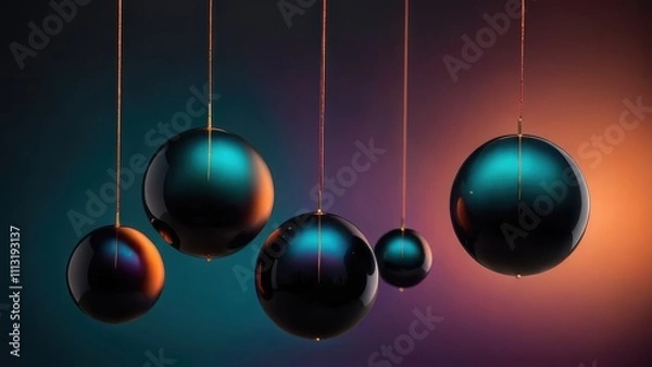 Obraz Suspended glossy spheres reflecting teal and orange gradients, set against a dramatic, softly lit background.