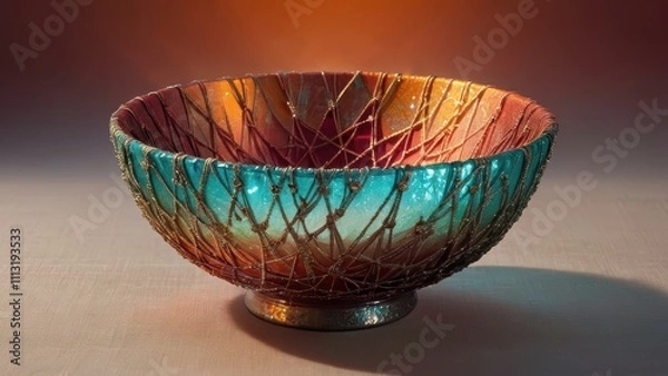 Obraz Handcrafted glass bowl with vibrant teal and orange hues, adorned with intricate golden thread patterns.