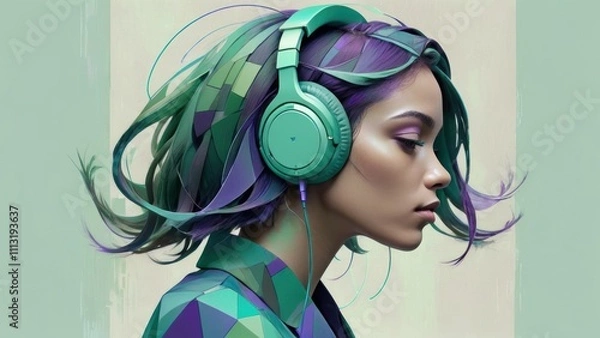 Obraz Stylized profile of a woman with geometric hair patterns, vibrant teal headphones, and a pastel green background.