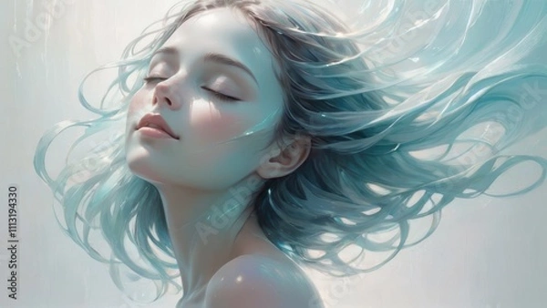 Obraz Ethereal portrait of a serene woman with flowing pastel blue hair in soft, dreamy light.