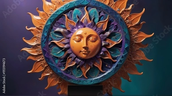 Obraz Ornate celestial sun sculpture with vibrant orange, purple, and teal details on a dark background.