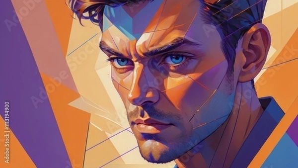Obraz Bold geometric portrait of a man with intense blue eyes and dynamic orange and purple tones.