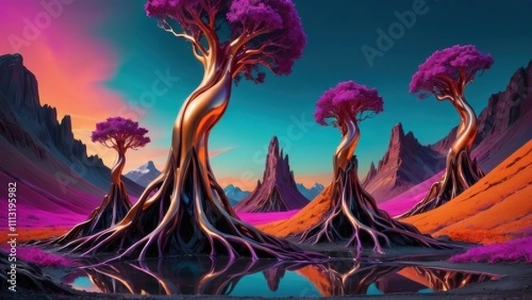 Obraz Surreal landscape with twisted metallic trees, vibrant purple canopies, and reflective pools.