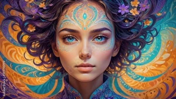 Obraz Ethereal woman with intricate face patterns, vibrant blue eyes, and swirling colorful background.