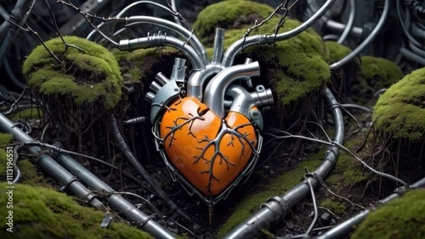 Obraz Mechanical heart with vibrant orange casing entwined by metal veins, set in a mossy, industrial landscape.