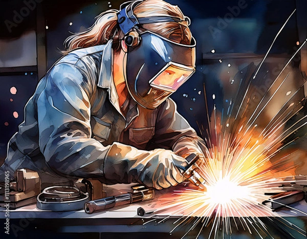 Fototapeta A person in protective gear welds metal, creating bright sparks in a dynamic, colorful scene