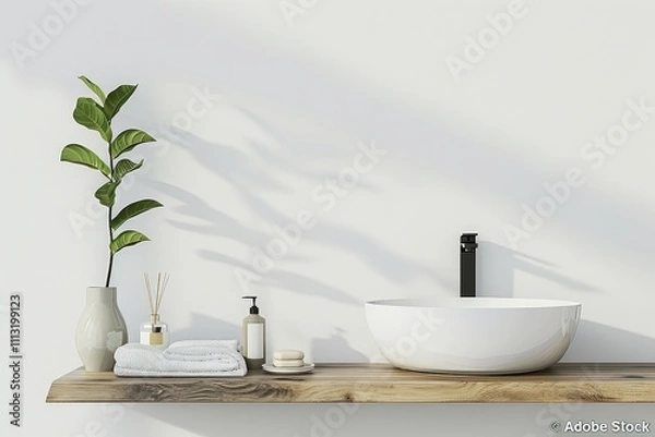 Fototapeta Minimalist bathroom vanity with a white ceramic sink. wooden countertop. and a plant in a vase