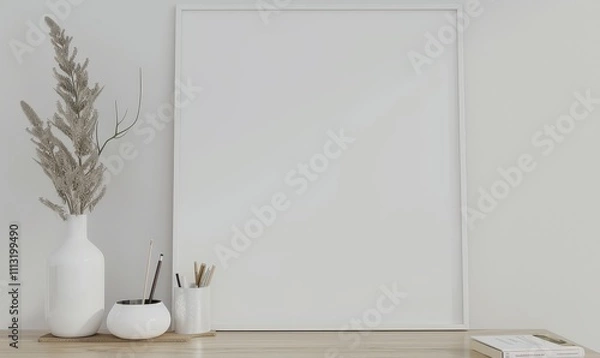 Fototapeta Minimalist interior design mockup with a blank white frame. vase. pencils. and a book on a wooden table