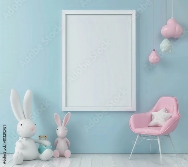 Fototapeta White frame mockup with plush toys on a blue wall with pink chair and cloud decorations