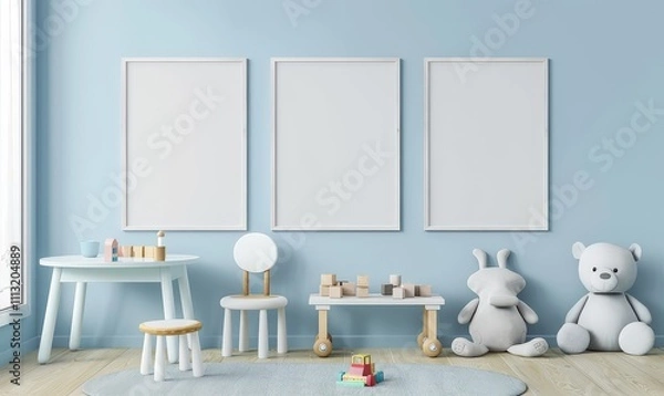 Fototapeta Three blank picture frames in a light blue room with a toy table. chairs. and stuffed animals