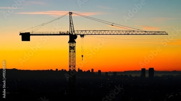 Fototapeta A dusk view of a construction crane silhouetted against a city skyline, Urban construction scene, Evocative and urban style