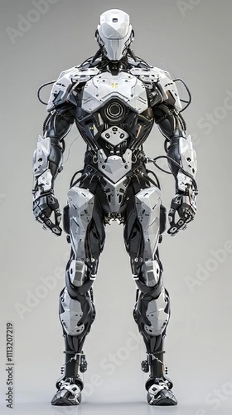 Fototapeta Cybernetic Sentinel: A futuristic, humanoid robot stands stoic and powerful, its sleek white and black exoskeleton radiating a blend of technological prowess and enigmatic mystique.