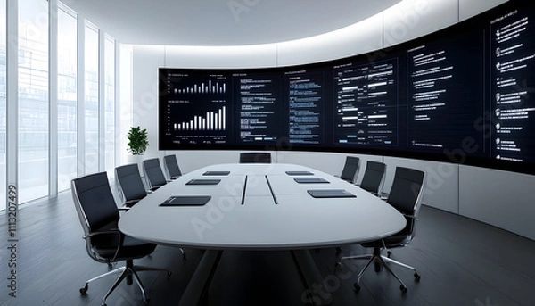 Fototapeta modern conference room featuring large oval table surrounded by black chairs. walls are adorned with interactive digital displays showcasing data visualizations and inventory control dashboards,