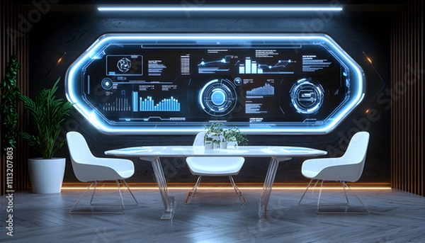 Fototapeta modern conference room featuring sleek table, white chairs, and high tech dashboard displaying interactive data visualizations. ambiance is futuristic and professional