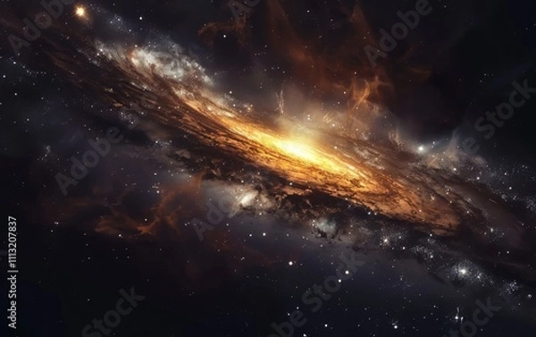 Obraz Cosmic Inferno: A breathtaking view of a vibrant, swirling galaxy, ablaze with fiery hues and cosmic dust.  The image evokes a sense of awe and wonder at the vastness of space.
