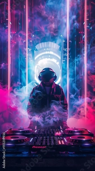 Fototapeta Neon DJ: A futuristic DJ with headphones and a glowing halo surrounded by smoke and neon lights, mixing music on a state-of-the-art DJ setup.