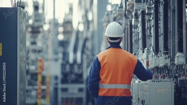Fototapeta A high-voltage electrical substation with transformers and electrical engineers monitoring equipment, Electrical substation scene, High-tech and electrical style