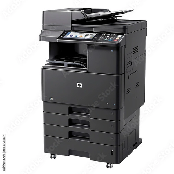 Fototapeta Large office multifunction printer, sleek black design, multiple paper trays, digital display panel