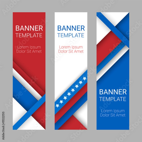 Obraz Set of modern vector vertical banners, page headers with stripes and stars in the colors of the American flag. Material design banners for Presidents day, USA Independence day