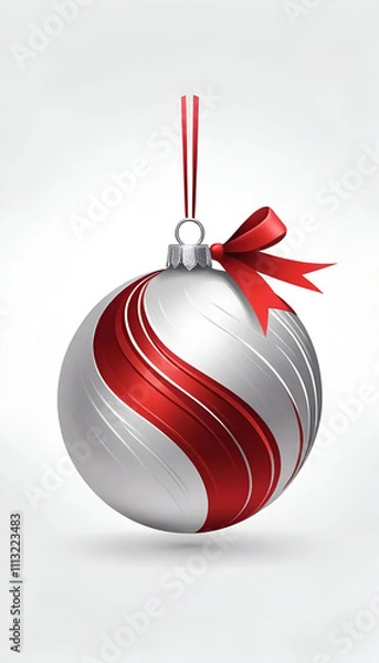 Obraz silver and red ribbon  with christmas ball isolated on white  background 