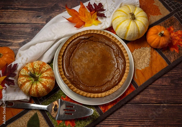 Obraz pumpkin pie and pumpkin flat lay