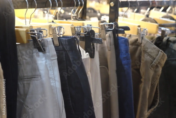 Obraz Thrifting's vibrant collection of sweaters, shirts, hoodies, trousers and knitted t-shirts are elegantly displayed on wooden hangers, featuring a variety of colors and textures.