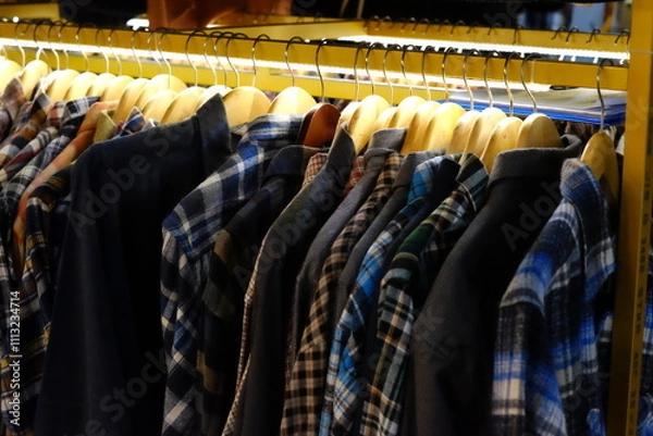 Obraz Thrifting's vibrant collection of sweaters, shirts, hoodies, trousers and knitted t-shirts are elegantly displayed on wooden hangers, featuring a variety of colors and textures.