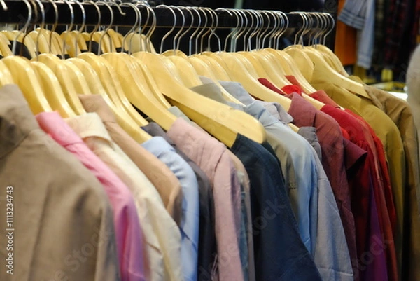 Obraz Thrifting's vibrant collection of sweaters, shirts, hoodies, trousers and knitted t-shirts are elegantly displayed on wooden hangers, featuring a variety of colors and textures.