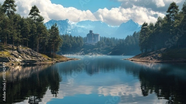 Fototapeta Calm Lake Surrounded by Pine Forest and Majestic Mountain Range