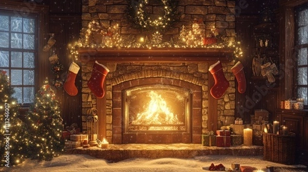 Fototapeta Whimsical Merry Christmas set in Santa's workshop, surrounded by colorful toys and busy elves for a joyful holiday spirit.