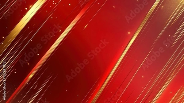 Fototapeta Bold red gradient background with gold diagonal lines and intense stage lighting, evoking a luxurious and energetic broadcast room feel.